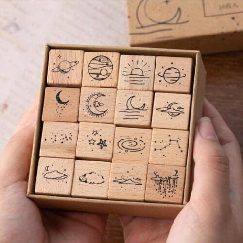16 Pcs/Lot Vintage Planet Moon Cloud Decoration Stamp Wooden Rubber Stamps for Scrapbooking Stationery DIY Craft Standard Stamp