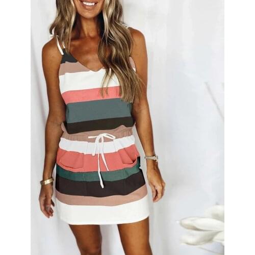 2021 Sexy Mini Dress Women Fashion Striped Drawstring Pocket Dress Loose Sleeveless V Neck Sling Dress Summer Casual Beach Dress