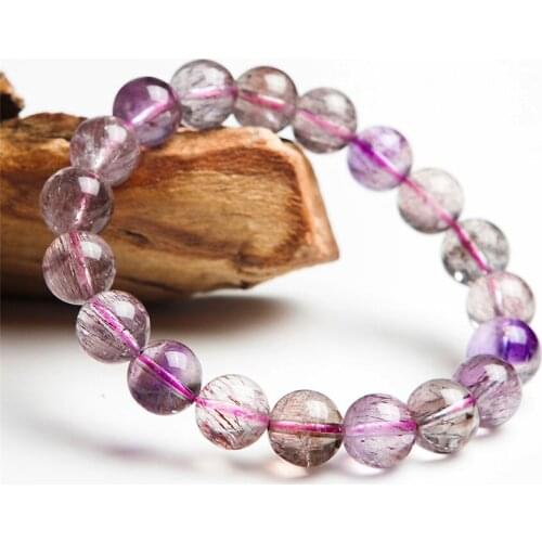 8mm Genuine Purple Hair Natural Super 7 Seven Melody Stone Rutilated Quartz Round Charm Crystal Beads Bracelet