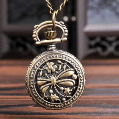 Watch Retro Skeleton Fashion Fob Present Hollow Dragonfly Perspective Pocket Watch Bronze Chain Women Kids Gif Pedant Watch