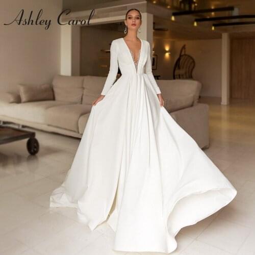 Ashley Carol A-Line Wedding Dress 2021 Classy V-Neck Delicate Crystal Backless Bridal Satin Long Sleeve Court Train Bride Gown