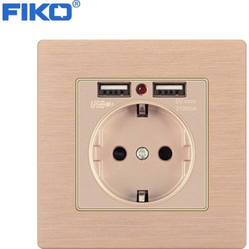 FIKO Wall Socket Power 16A EU Standard Outlet With 2A Dual USB Charger Port for Mobile Phone Gold Aluminum alloy USB Socket