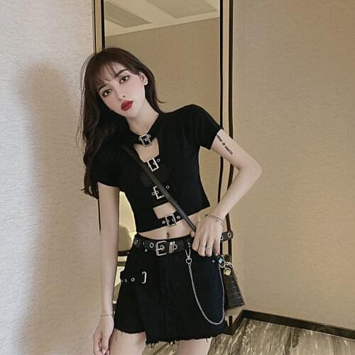Dark gothic design sense hollow short sexy short sleeves with exposed navel + summer new high waist chain jeans two-piece suit