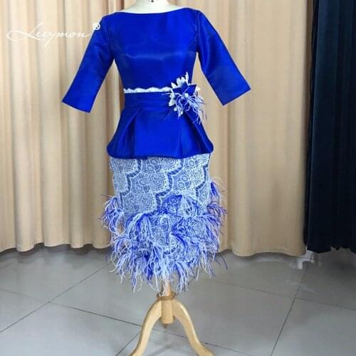 Leeymon Royal Blue Mother of Bride Dresses Feathers Ostrich Mother of Bride Dress Knee Length Fashion Vestido de Madrinha M33