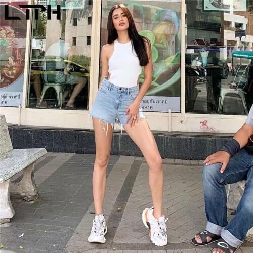 LTPH korean fashion ins denim shorts women high waist side slits vintage do old burrs jeans casual streetwear 2021 autumn new