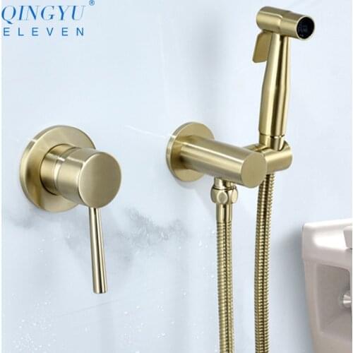 QINGYU ELEVEN Brushed Gold Black Soild Brass Toilet Bidet Sprayer Set Wall Mounted Hot And Cold Water Mixer Hand Bidet Shower