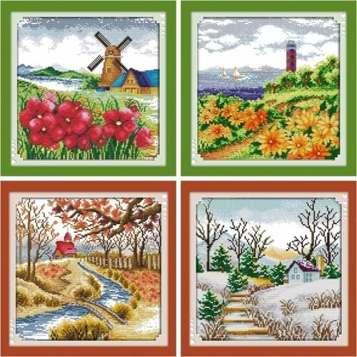 Spring winter 4 season cross stitch kit count print 18ct 14ct 11 cotton silk embroidery DIY handmade needlework multi pictures