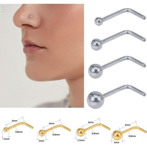 ZS 4pcs/lot 20G Nose Ring Set For Women Men 2 Colors Stainless Steel Ball Nose Piercing Simple L Shape Nostril Piercing Jewelry