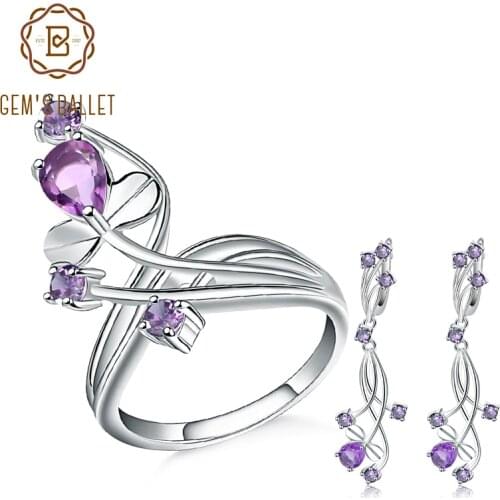 GEMS BALLET Romantic Natural Amethyst Purple Gemstone Flower Jewelry Sets Pure 925 Sterling Silver Earrings Ring Set For Women