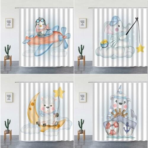 Elephant Bear Penguin Shower Curtains Set Fun Cartoon Animals Bathroom Decor Polyester Fabric Kids Bathtub Screens With Hooks
