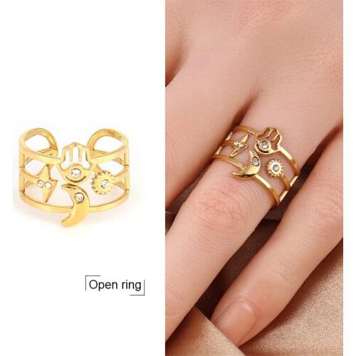 Stainless Steel Rings For Women Gold Color Chain Ring Punk Star Moon Open Finger Rings Geometric Charm Ring Women Jewelry Rings