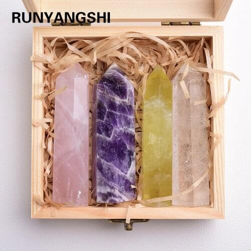 Runyangshi 4PCS /set Healing Crystal Wands Single Point 6 Faceted Reiki Stone for Meditation Therapy Decor wooden gifts box