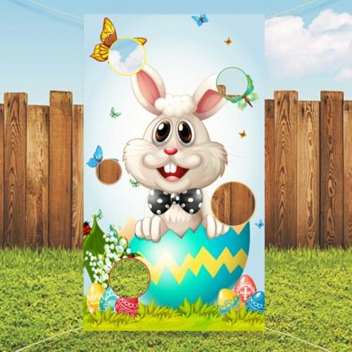 Easter Bunny Toss Games Banner Training Game 4 Holes Sandbag Game Flag for Children and Adults Party Favor Supplies