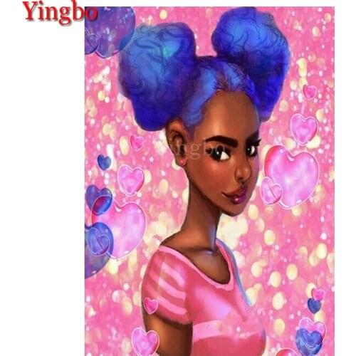 Full Drill Mosaic Round Diamond Painting African American Girl Heart Diamond Embroidery Cross Stitch Kit Diamond Art Rhinestones
