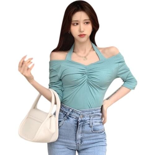 Casual V-neck Long Sleeves Tee Summer Womens Half Sleeve Knitted Wrinkles Halter Slim Tshirt