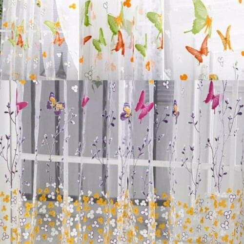 Durable Eco-friendly Butterfly Floral Print Window Door Curtain Gauze Living Room Bedroom Drape Home Decor Accessaries