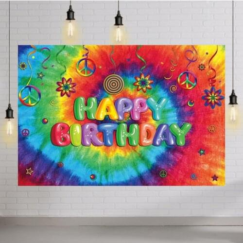 Early 2000s Tie Dye Theme Happy Birthday Party Backdrop Peace Love Colorful Paint Splatter Rainbow Photography Background
