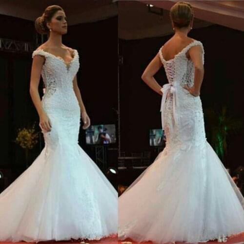 Sexy Deep V neck Pearl Wedding Dresses Mermaid Style Africa New 2019 White Lace Appliques Plus Size Tulle Wedding Gowns