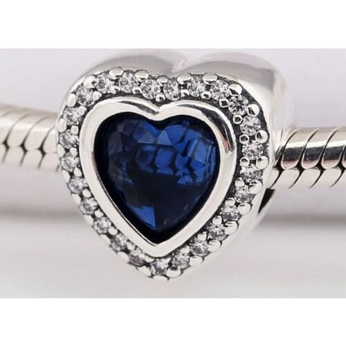 Authentic S925 Bead DIY Jewelry Night Blue Love Heart Charms fit Lady Bracelet Bangle Crystals Clear CZ Girl Lady Gift
