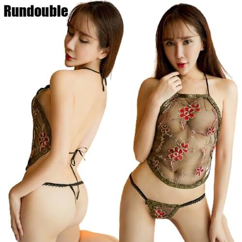 Sexy Chinese Style Embroidery Lotus Bellyband Lingerie Set Pajamas See Through Chemises Erotic Tops G-String Women Underwear