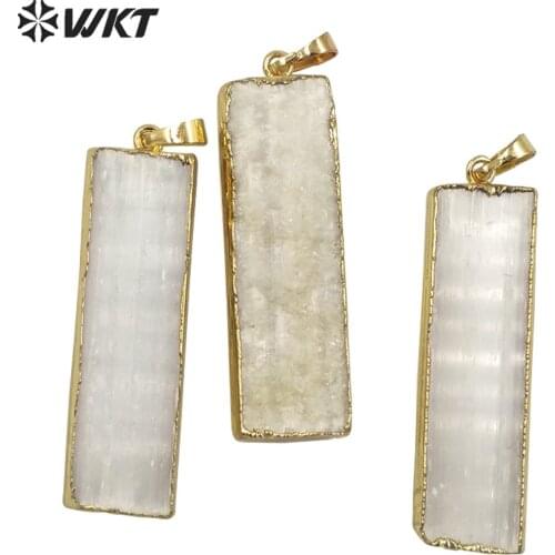 WT-P1641 Wholesale hot natural long square gold trim raw selenite stone pendant for jewelry necklace design white stone
