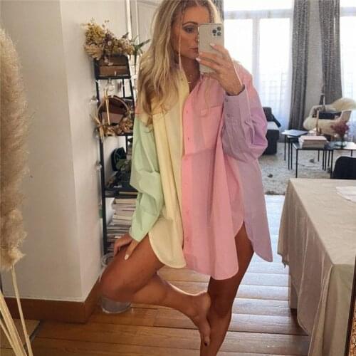 New Woman Casual Loose Pink Patchwork Long Shirt Spring Chic Female Streetwear Long Sleeve Shirts Girls Sweet Oversized Clothes