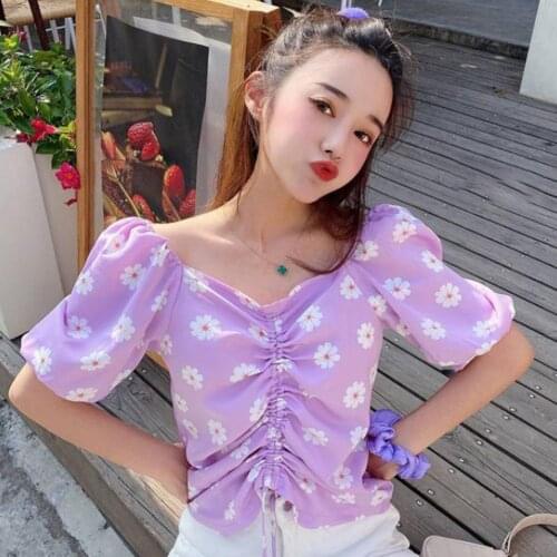 Women Summer Marguerite Print Square Collar Chiffon T-Shirt Short Puff Sleeve Blouse Crop Tops