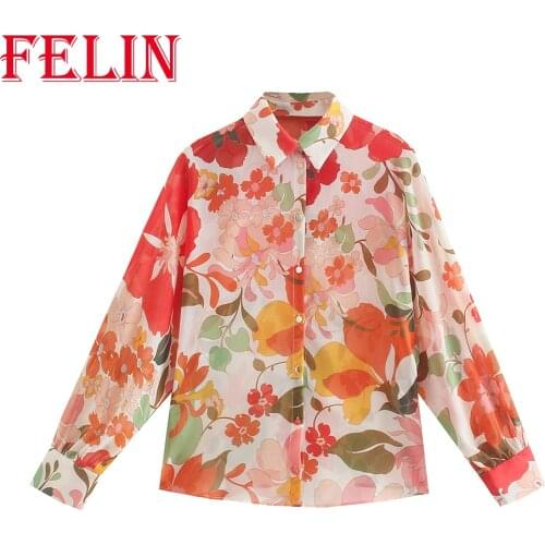 Za 2021 Women Chic Floral Print Vintage Loose Shirts Single Button Turn Down Collar Stylish Blouses Elegant Mujer Tops