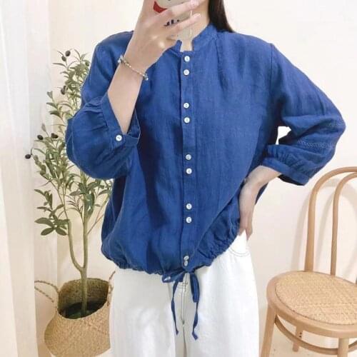 Johnature 2021 Vintage Linen Wrist Sleeve Lace-up Women Blouses Spring Summer New Solid Color Patchwork Female Shirts 3 Colors