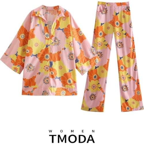 TMODA1492 Za 2021 Summer Women Floral Print Two Pieces Sets Shirt Tops+Straight Pants Lady Trousers Fashion Blouse Pants Suit