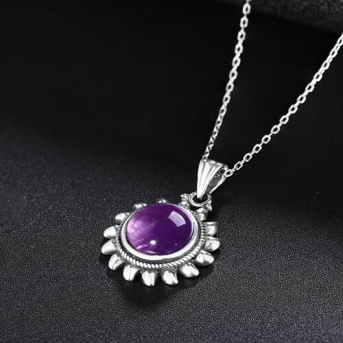 Natural Amethyst Necklace for Women Sterling Silver 925 Vintage Style Sun Shaped Pendant Charming Necklace Gift Jewelry