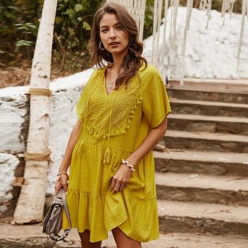 Summer Women Pure Color V-neck Short Sleeve Elegant Temperament Casual Mini Dresses Lace Patchwork Fashion Chic Dresses 3 Colors