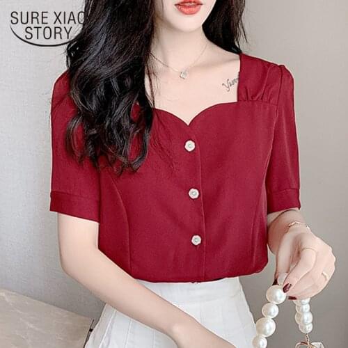 2021 Summer Short Sleeve Square Collar Chiffon Blouse Wine Red Sweet Korean Cardigan All-match Top Female Womans Shirts 10052