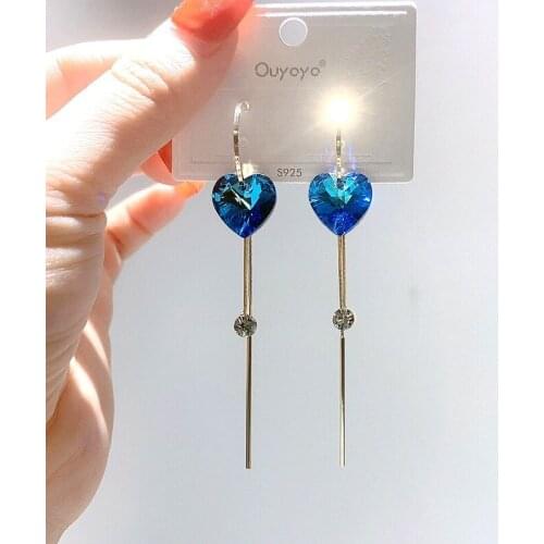 2021 Fashion Korean Earrings, New Wild Temperament, Long Tassels, Blue Shiny Crystal Love Earrings, Womens Wholesale Sales