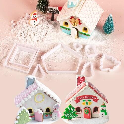 8Pcs 3D Christmas Gingerbread House Mould Plastic Cookie Cutter Set DIY Biscuit Mold Pastry Cake Stamp Baking Tools Accessories