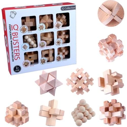 9Pcs Wooden Brain Teaser Puzzle IQ Test Toy Kong Ming Lock Puzzle Disentanglement Puzzles Toy Unlock Interlock Game For Kids #30