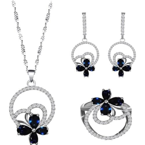 Ayowei For lover gifts Butterfly Flower Design stamped Silver Blue Zircon Earrings Necklace Rings Jewelry Sets JS830