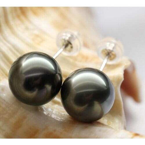 Free shipping charming huge 10-11mm tahitian black green round pearl earring