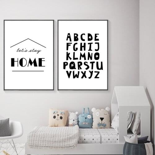 Black and White Poster Sweet Home Quote Wall Art Canvas Painting Modern Simple Alphabet Picture for Kids Room Decor Frameless
