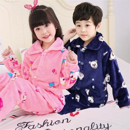 Children Autumn Winter Pajamas Lapel Cardigan Long-Sleeved Suit Flannel Girls Boys Baby Thickened Warm Home Clothes