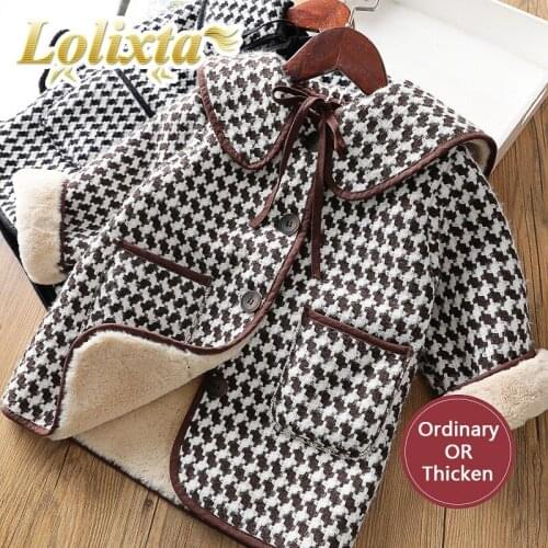 Kids 1-14 years winter warm houndstooth plaid coats for little girls toddler casual fashion plush jackets fall children clothes