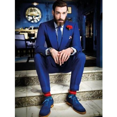 Handsome Roya Blue Mens Evening Dress Toast Suits Big Lapel Groom Tuxedos Blazer Coat Trousers Set (Jacket+Pants+Tie) NO:222