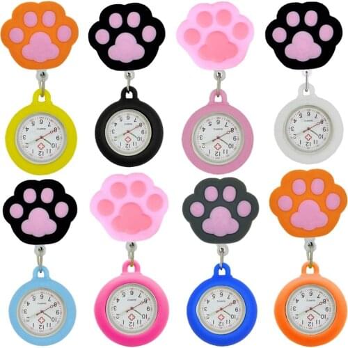Colourful Retractable Badge Reel Nurse Doctor Lovely Cat Claw Footprints Pocket Watches medical hospital Gift Watch for women