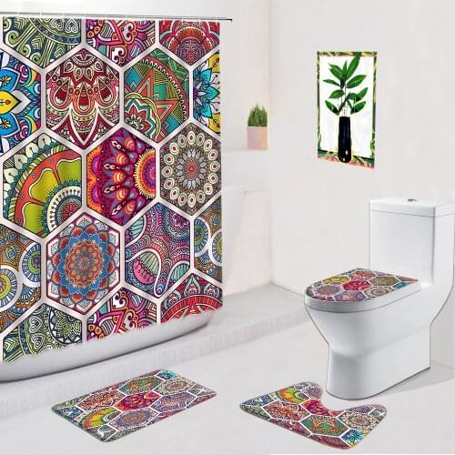Creative Geometric Shower Curtain 4Pcs Set Mandala Flowers Exotic Ethnic Style Anti-Slip Carpet Bath Mat Toilet Bathroom Rugs