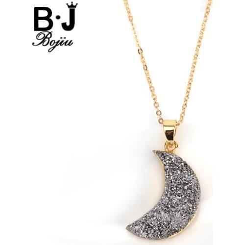 Bojiu Trendy Necklace For Women Copper Gold-color Natural Druzy Stone Moon Pendant Cable Chain Necklaces Christmas Gifts NKS120
