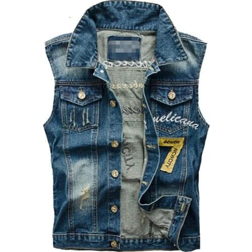 2019 Hip Hop Letter Embroidery Mens Denim Vest Ripped Cowboy Sleeveless Jacket Men Jeans Waistcoat Plus Size 5XL