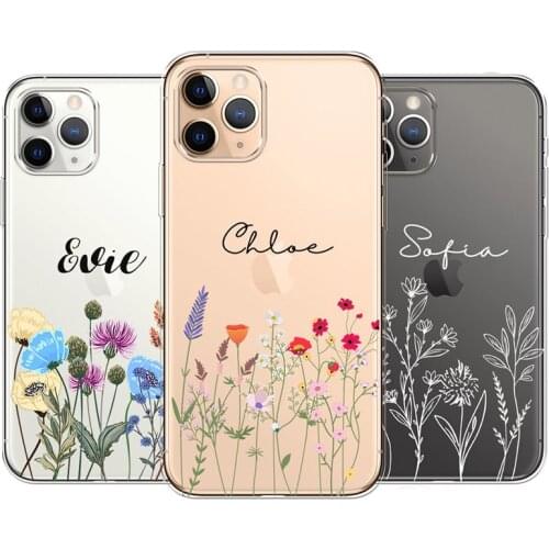 Floral PERSONALISED phone case initials name soft Transparent cover for iphone 11 12 Pro Max mini SE 7 8 Plus X Xs max Xr