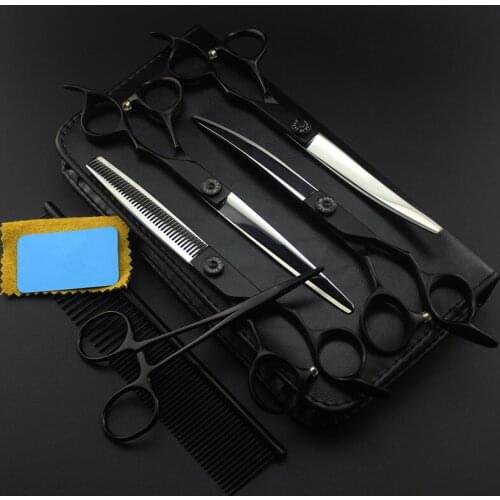 6 kit Japan 440c 7 inch black handle pet dog grooming hair scissors cutting barber pet thinning shears hairdressing scissors set