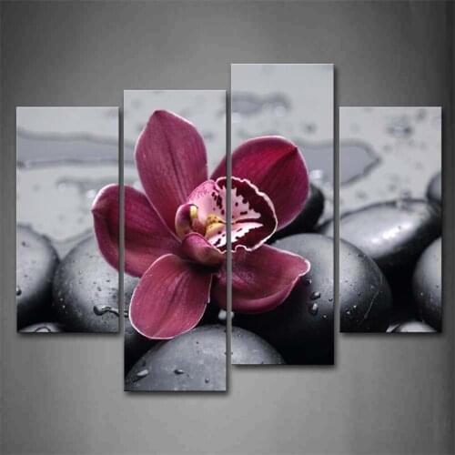 4 Panel Wall Picture Dark Red Orchid On Zen Stones Modern Flower Paintings for Living Room Wall Art Canvas Prints Home Decor