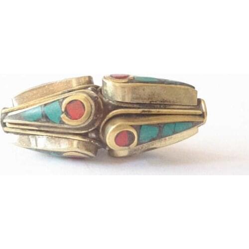 Nepal Handmade Metal beads Copper Inlay Colorful Stone Long Shuttle Beads NBB212